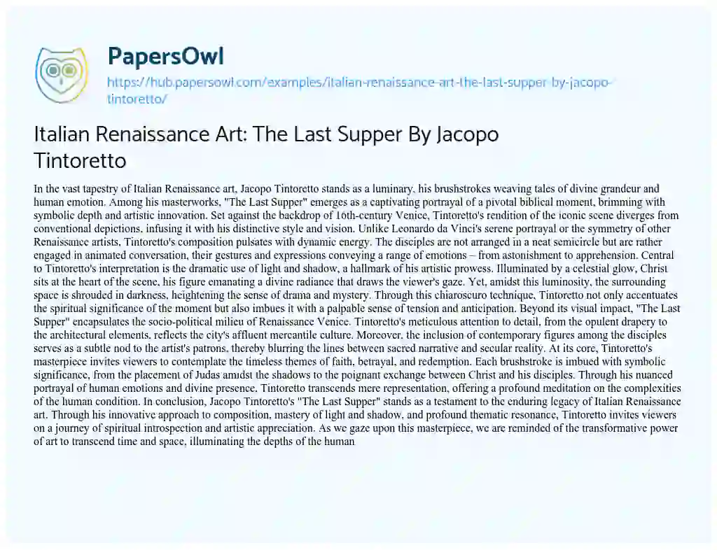 Essay on Italian Renaissance Art: The Last Supper By Jacopo Tintoretto