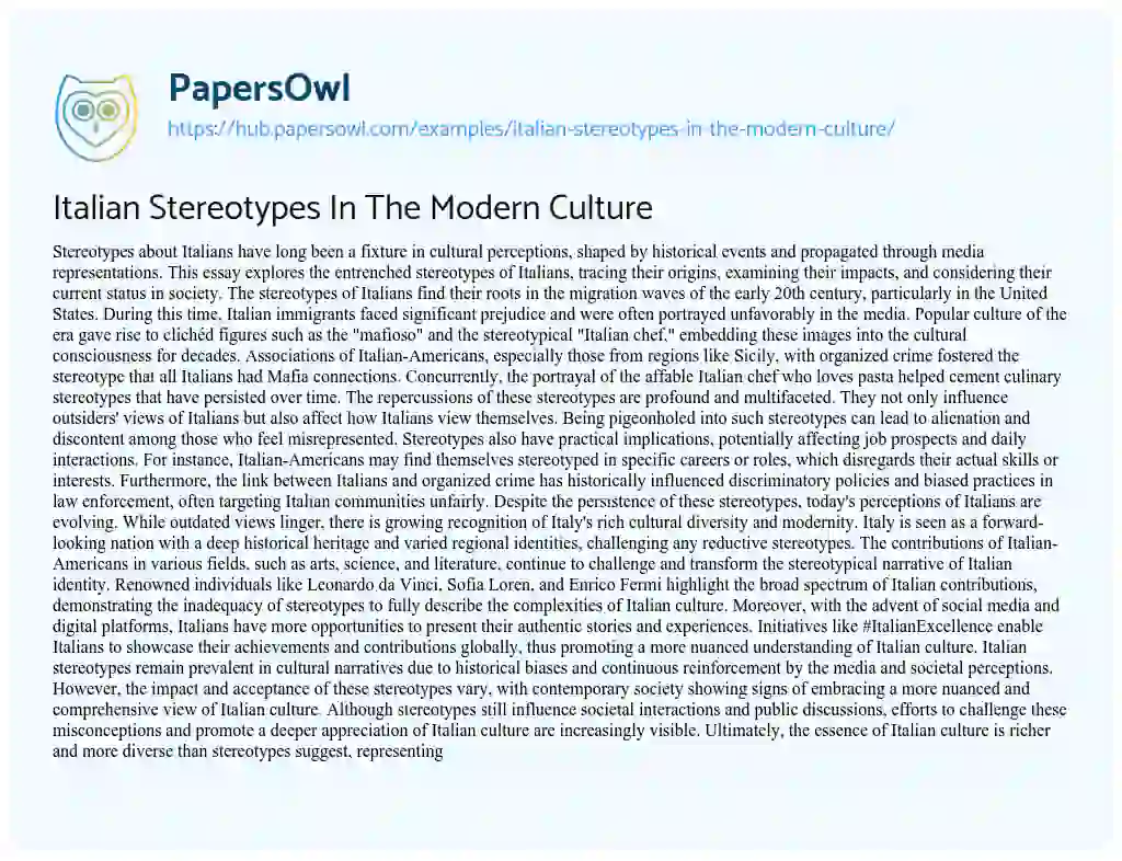Essay on Italian Stereotypes In The Modern Culture