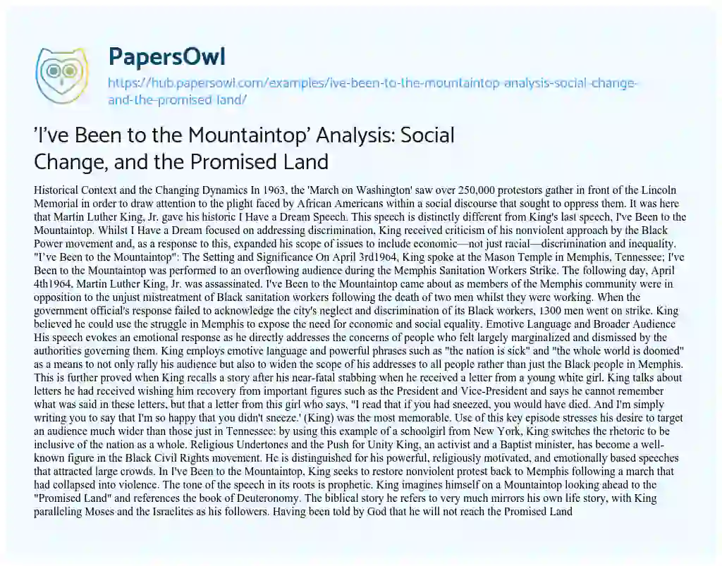 Essay on ‘I’ve Been to the Mountaintop’ Analysis: Social Change, and the Promised Land