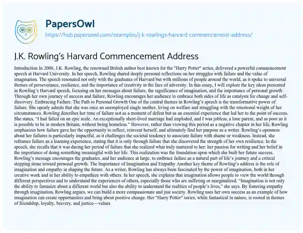 Essay on J.K. Rowling’s Harvard Commencement Address