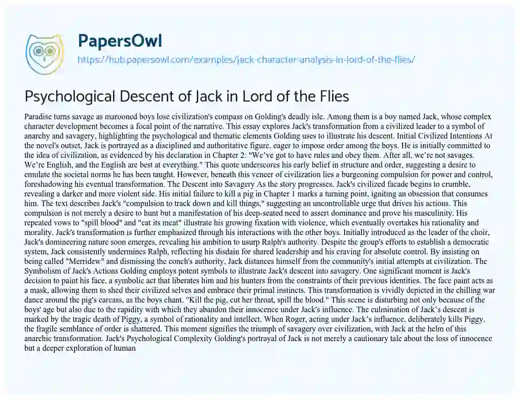 Essay on Psychological Descent of Jack in Lord of the Flies