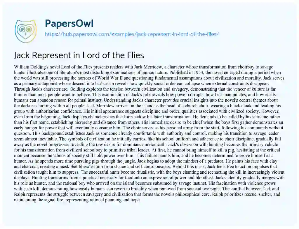 Essay on Jack Represent in Lord of the Flies