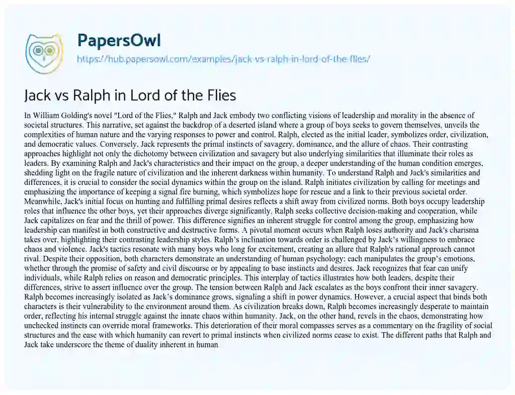 Essay on Jack vs Ralph in Lord of the Flies