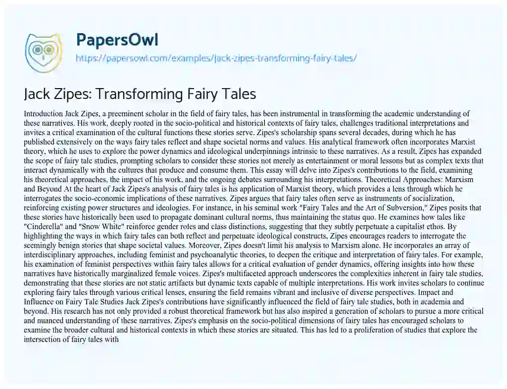 Essay on Jack Zipes: Transforming Fairy Tales