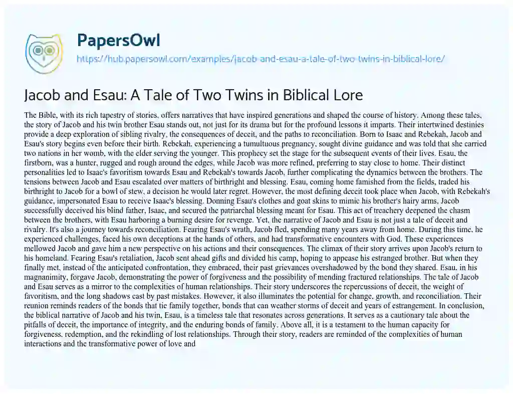 Essay on Jacob and Esau: A Tale of Two Twins in Biblical Lore