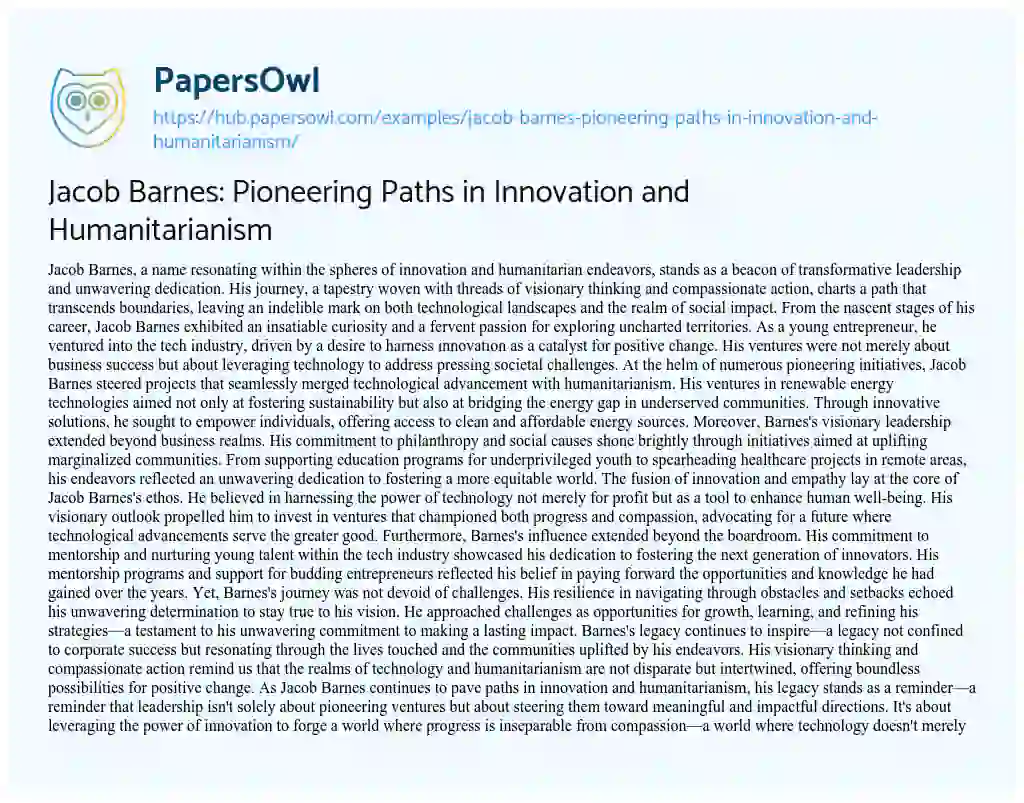 Essay on Jacob Barnes: Pioneering Paths in Innovation and Humanitarianism