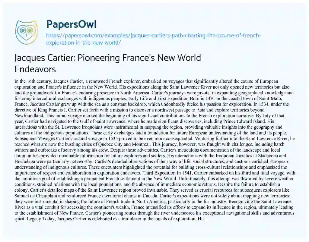 Essay on Jacques Cartier: Pioneering France’s New World Endeavors