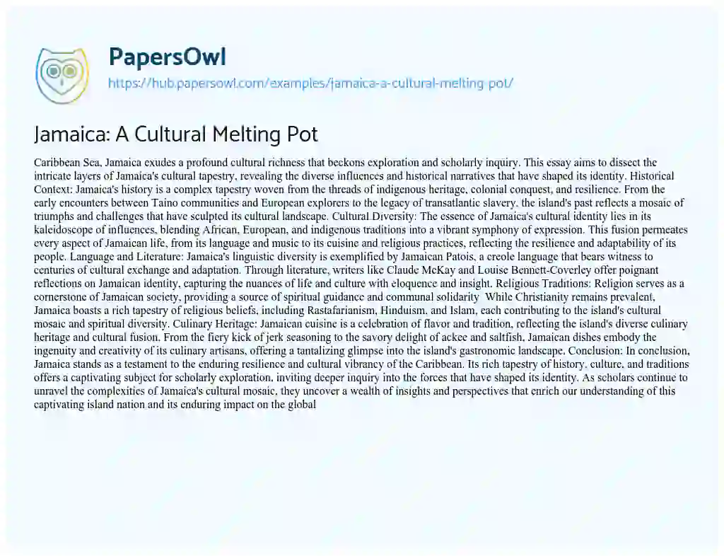 Essay on Jamaica: A Cultural Melting Pot