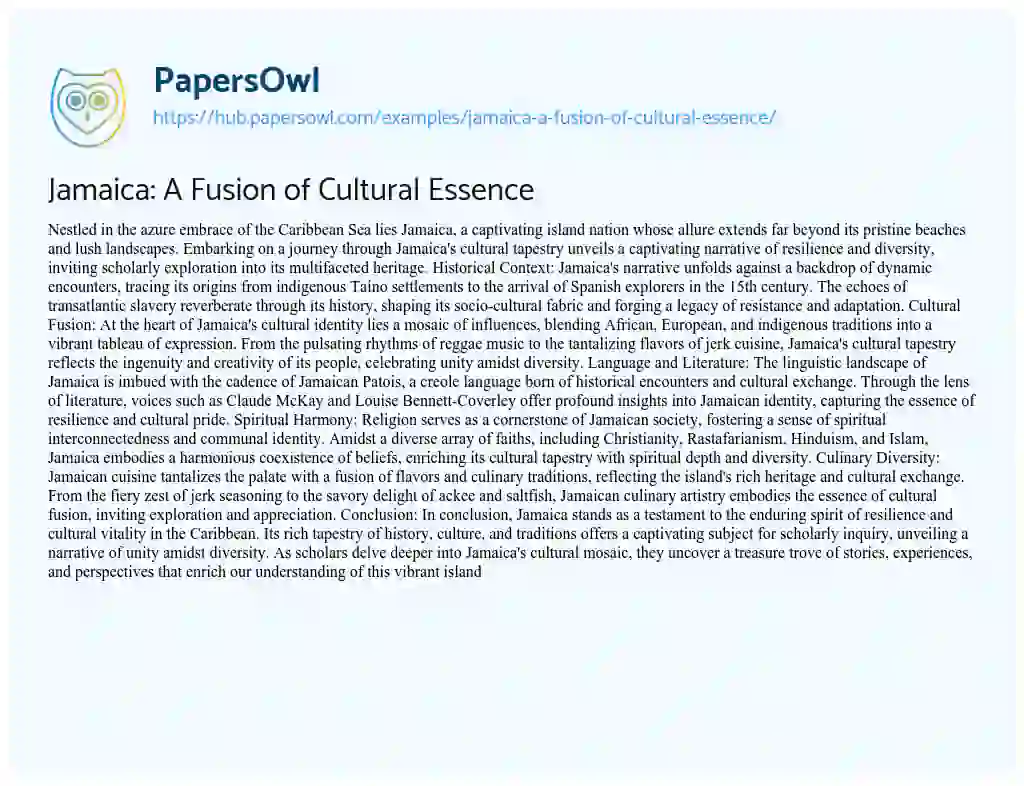 Essay on Jamaica: A Fusion of Cultural Essence