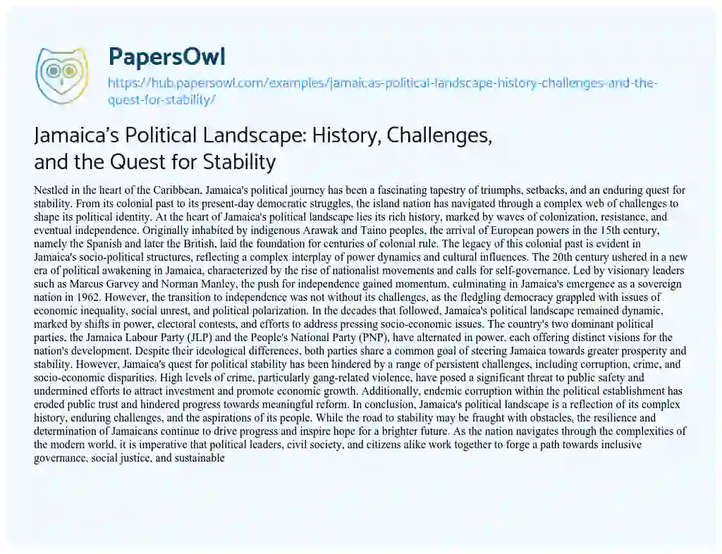 Essay on Jamaica’s Political Landscape: History, Challenges, and the Quest for Stability