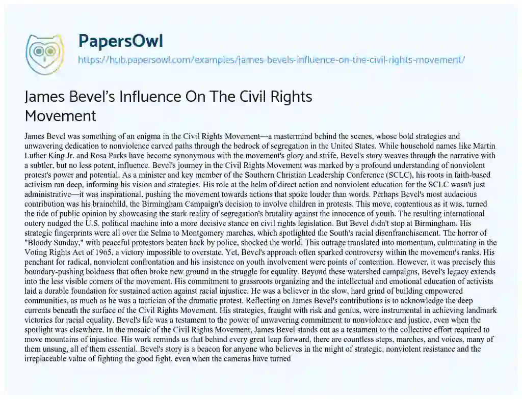 Essay on James Bevel’s Influence On The Civil Rights Movement