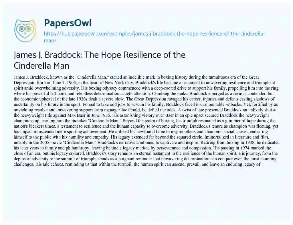 Essay on James J. Braddock: The Hope Resilience of the Cinderella Man
