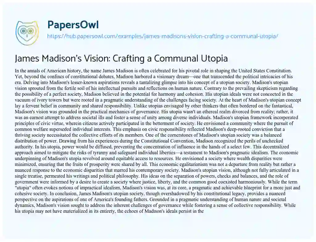 Essay on James Madison’s Vision: Crafting a Communal Utopia