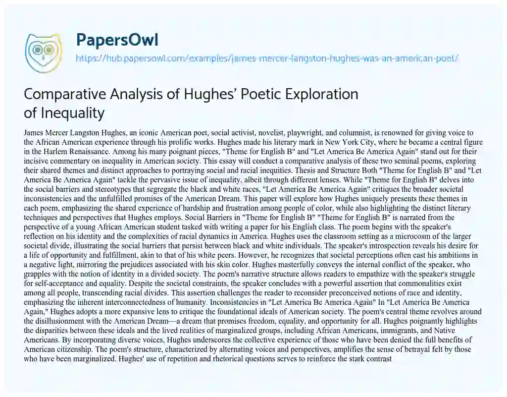 Essay on Comparative Analysis of Hughes’ Poetic Exploration of Inequality