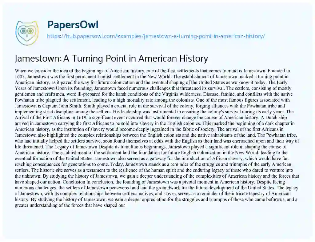 Essay on Jamestown: A Turning Point in American History