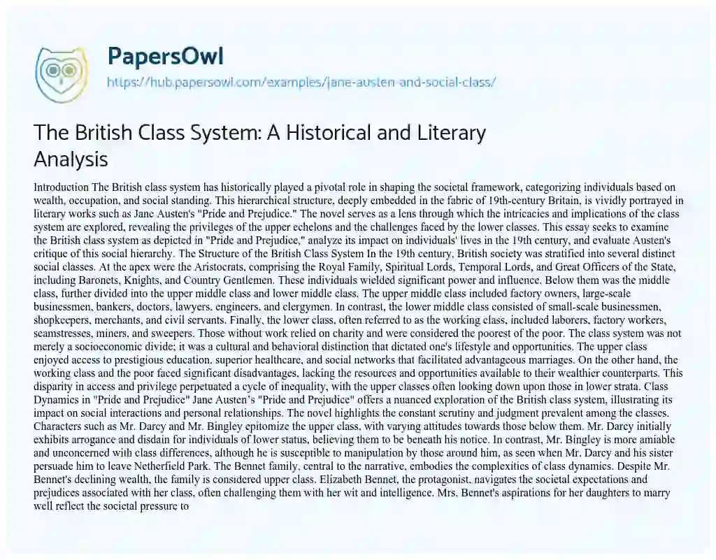 Essay on The British Class System: A Historical and Literary Analysis