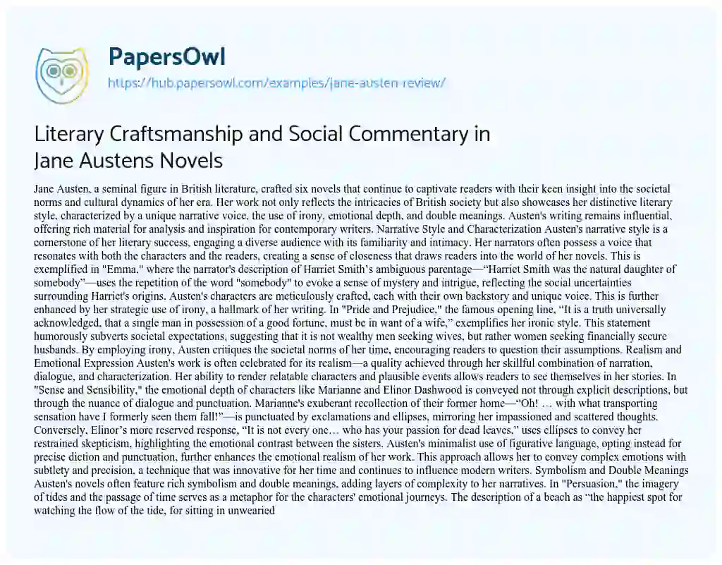Essay on Literary Craftsmanship and Social Commentary in Jane Austens Novels