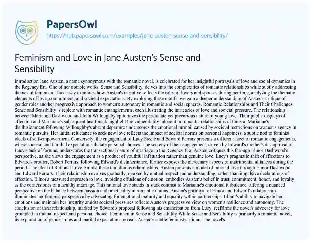 Essay on Feminism and Love in Jane Austen’s Sense and Sensibility
