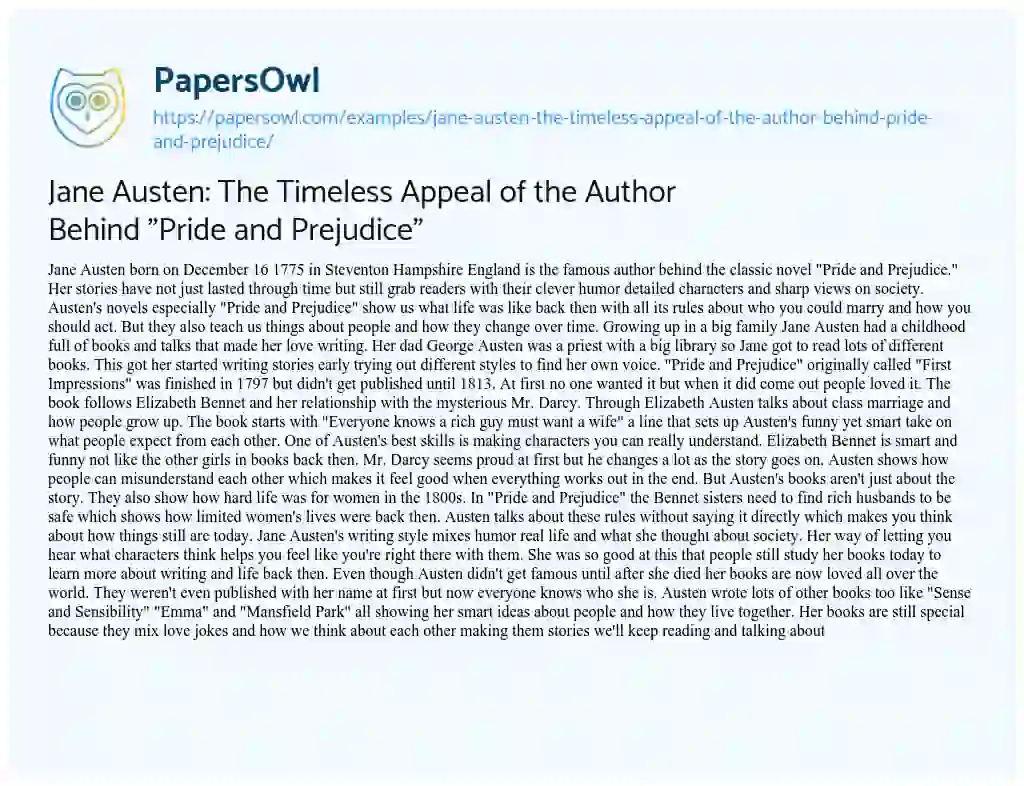 Essay on Jane Austen: The Timeless Appeal of the Author Behind “Pride and Prejudice”