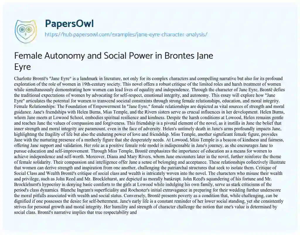 Essay on Female Autonomy and Social Power in Brontes Jane Eyre