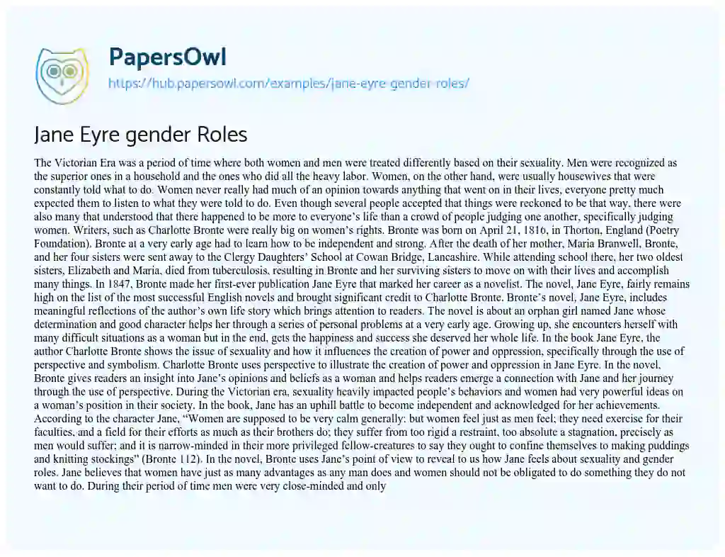 Essay on Jane Eyre gender Roles