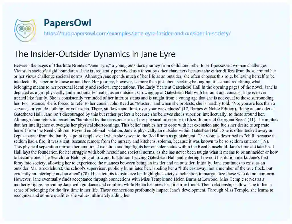 Essay on The Insider-Outsider Dynamics in Jane Eyre
