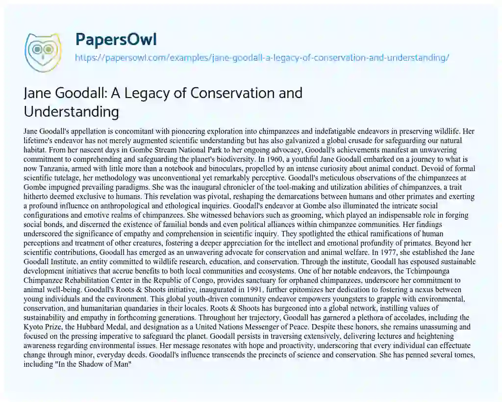 Essay on Jane Goodall: A Legacy of Conservation and Understanding