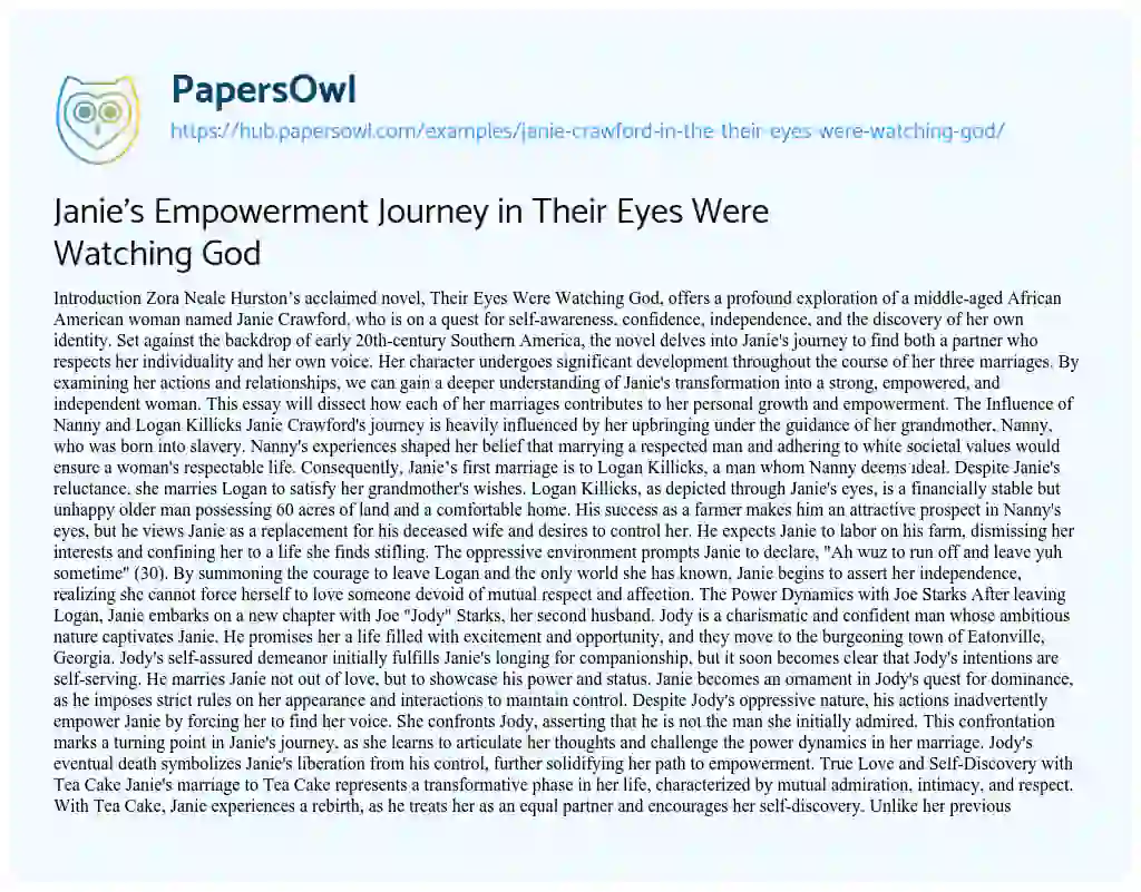 Essay on Janie’s Empowerment Journey in Their Eyes Were Watching God