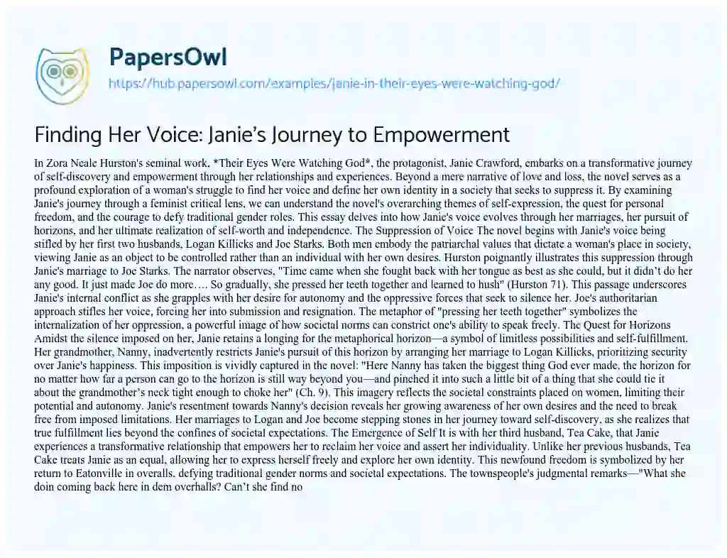 Essay on Finding Her Voice: Janie’s Journey to Empowerment