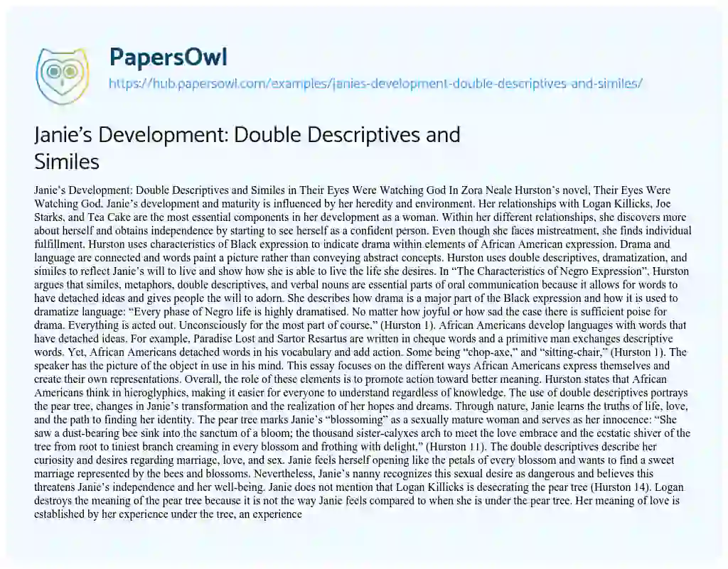 Essay on Janie’s Development: Double Descriptives and Similes