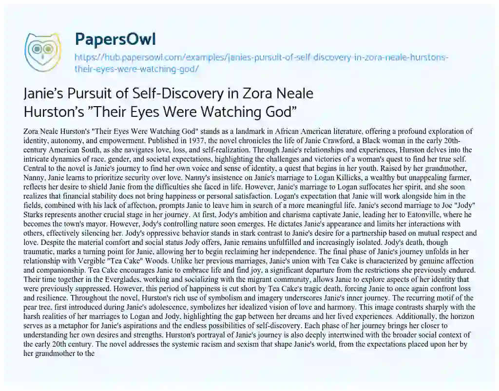 Essay on Janie’s Pursuit of Self-Discovery in Zora Neale Hurston’s “Their Eyes Were Watching God”