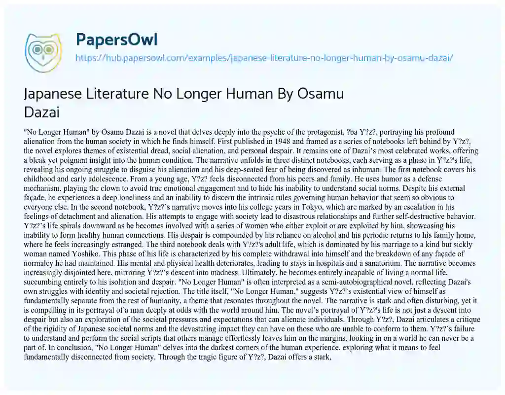 Essay on Japanese Literature No Longer Human By Osamu Dazai