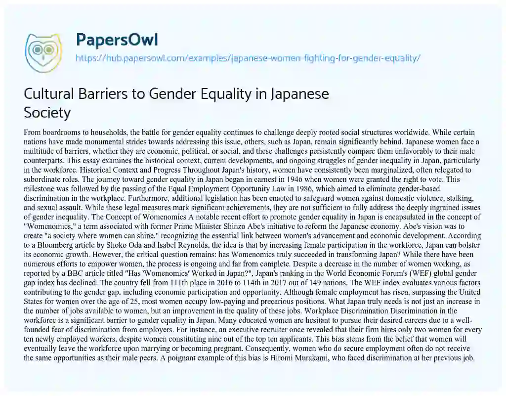 Essay on Cultural Barriers to Gender Equality in Japanese Society