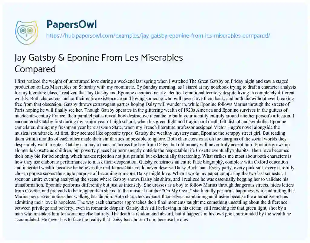 Essay on Jay Gatsby & Eponine From Les Miserables Compared