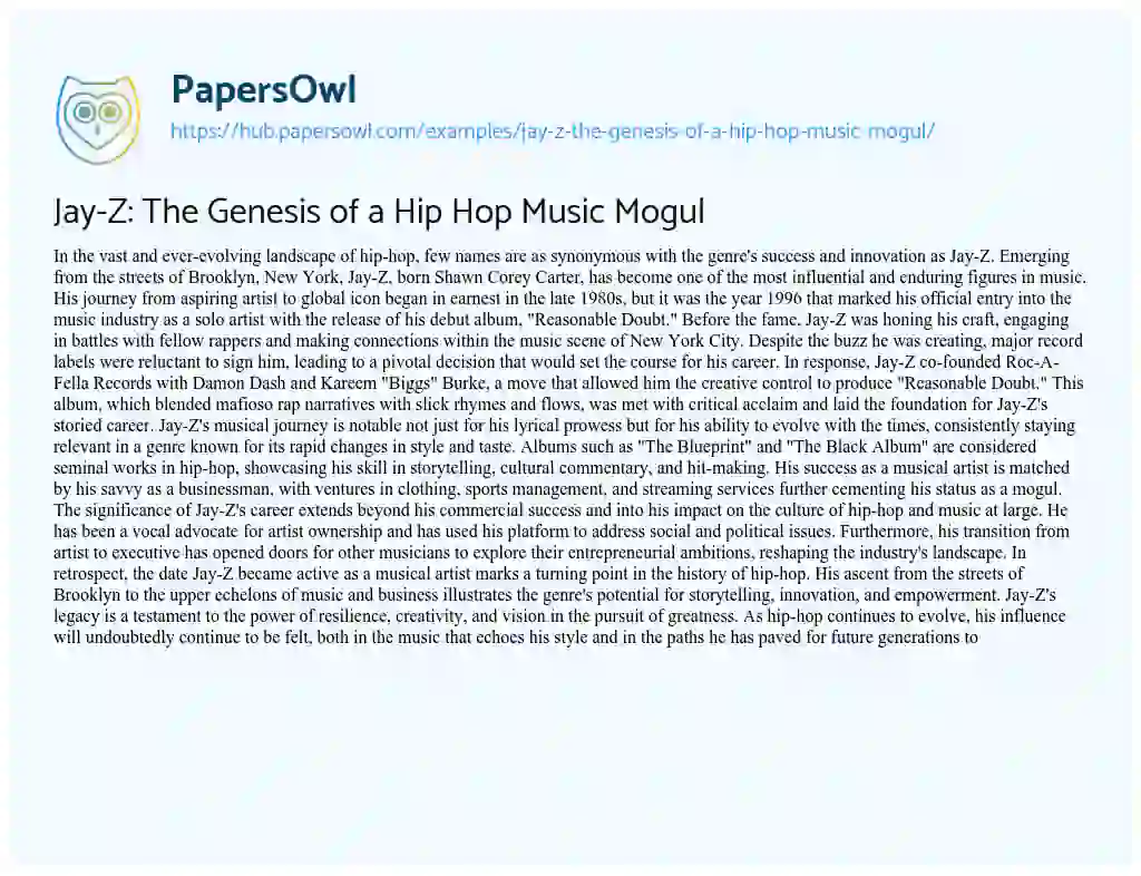 Essay on Jay-Z: The Genesis of a Hip Hop Music Mogul