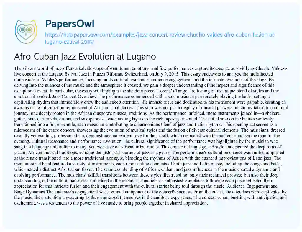Essay on Afro-Cuban Jazz Evolution at Lugano
