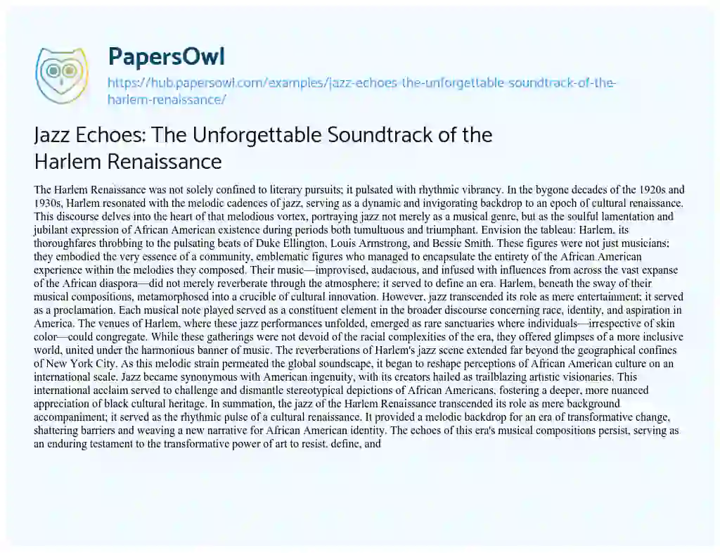 Essay on Jazz Echoes: The Unforgettable Soundtrack of the Harlem Renaissance