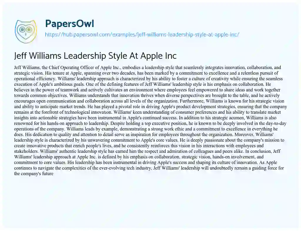 Essay on Jeff Williams Leadership Style At Apple Inc