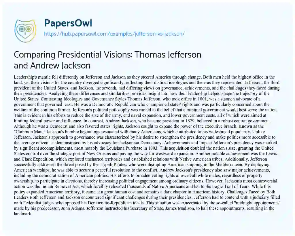 Essay on Comparing Presidential Visions: Thomas Jefferson and Andrew Jackson