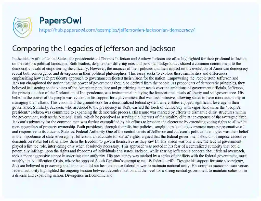 Essay on Comparing the Legacies of Jefferson and Jackson