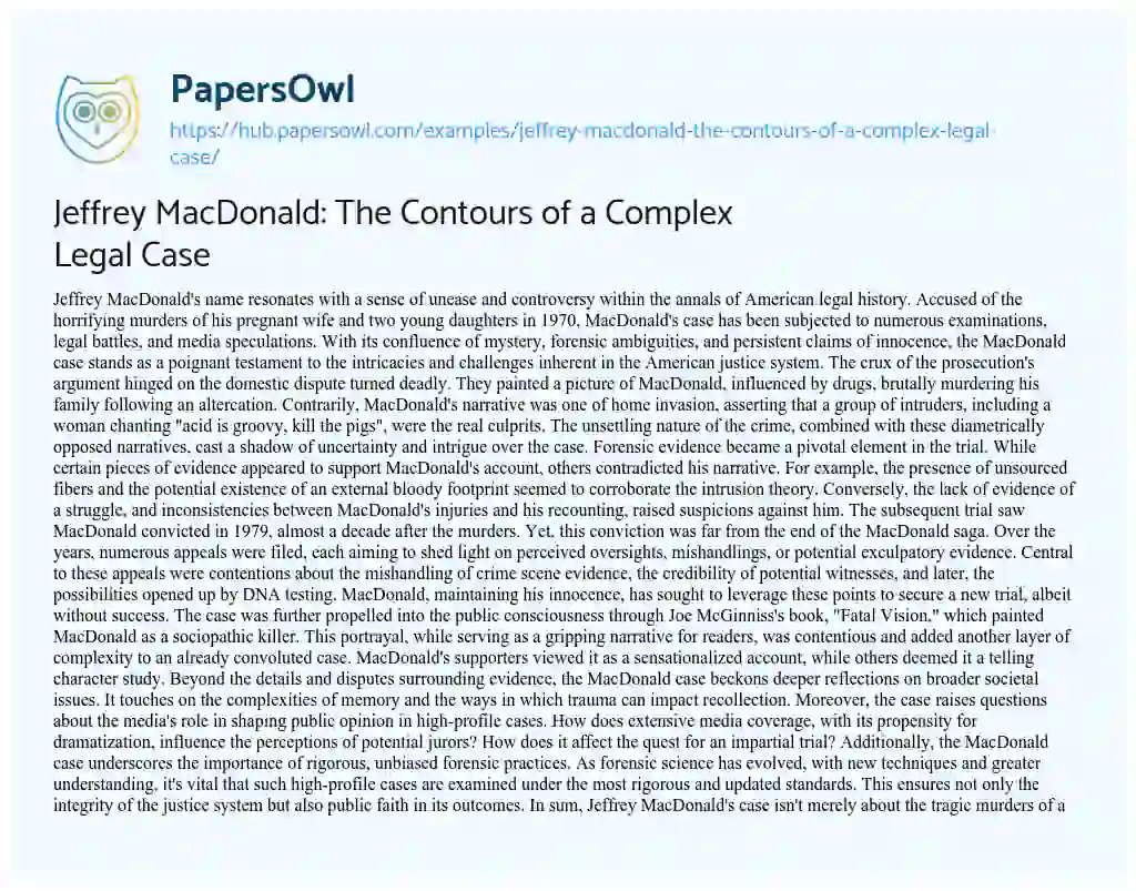 Essay on Jeffrey MacDonald: The Contours of a Complex Legal Case