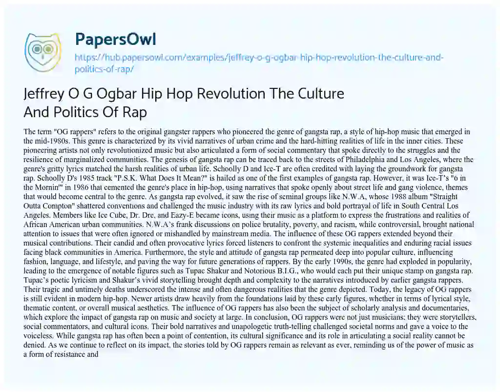 Essay on Jeffrey O G Ogbar Hip Hop Revolution The Culture And Politics Of Rap