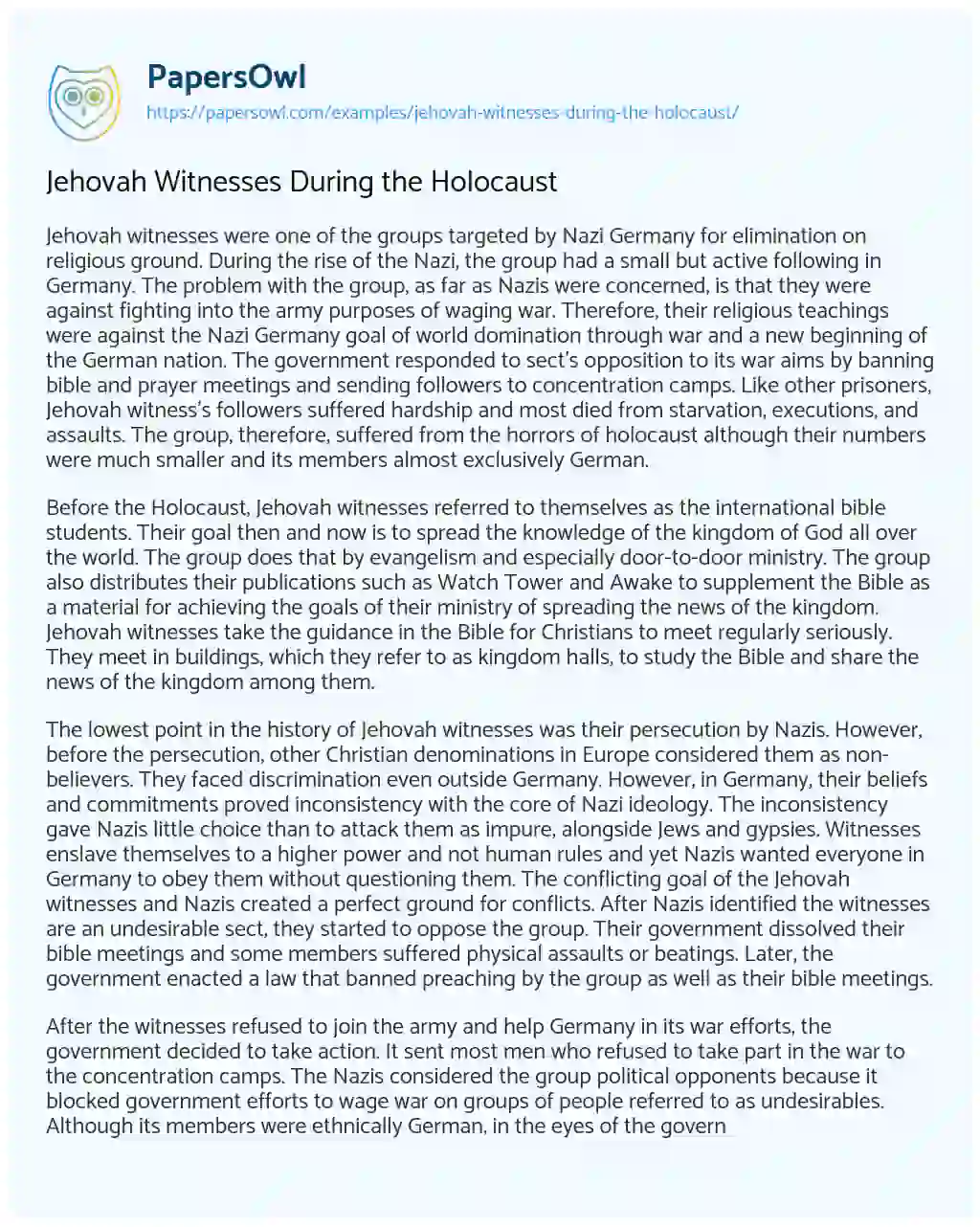 Essay on Jehovah Witnesses During the Holocaust