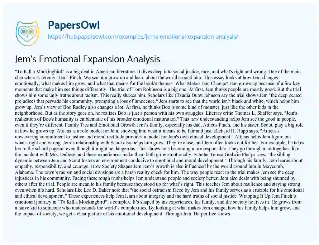Essay on Jem’s Emotional Expansion Analysis
