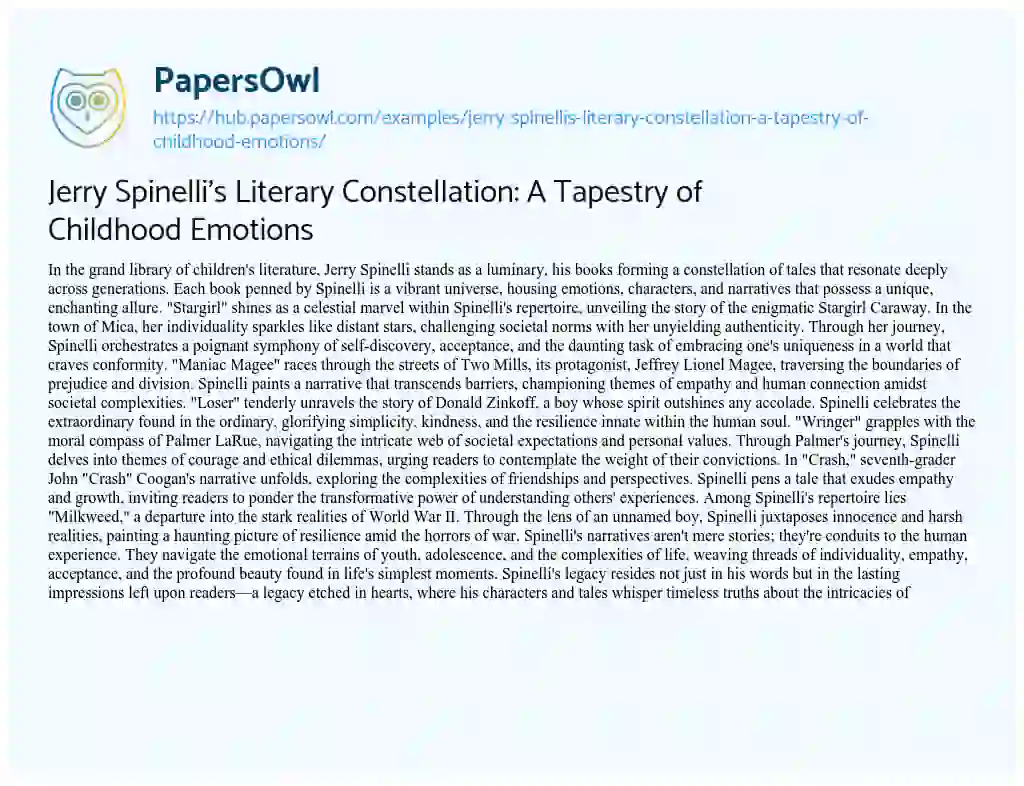 Essay on Jerry Spinelli’s Literary Constellation: A Tapestry of Childhood Emotions