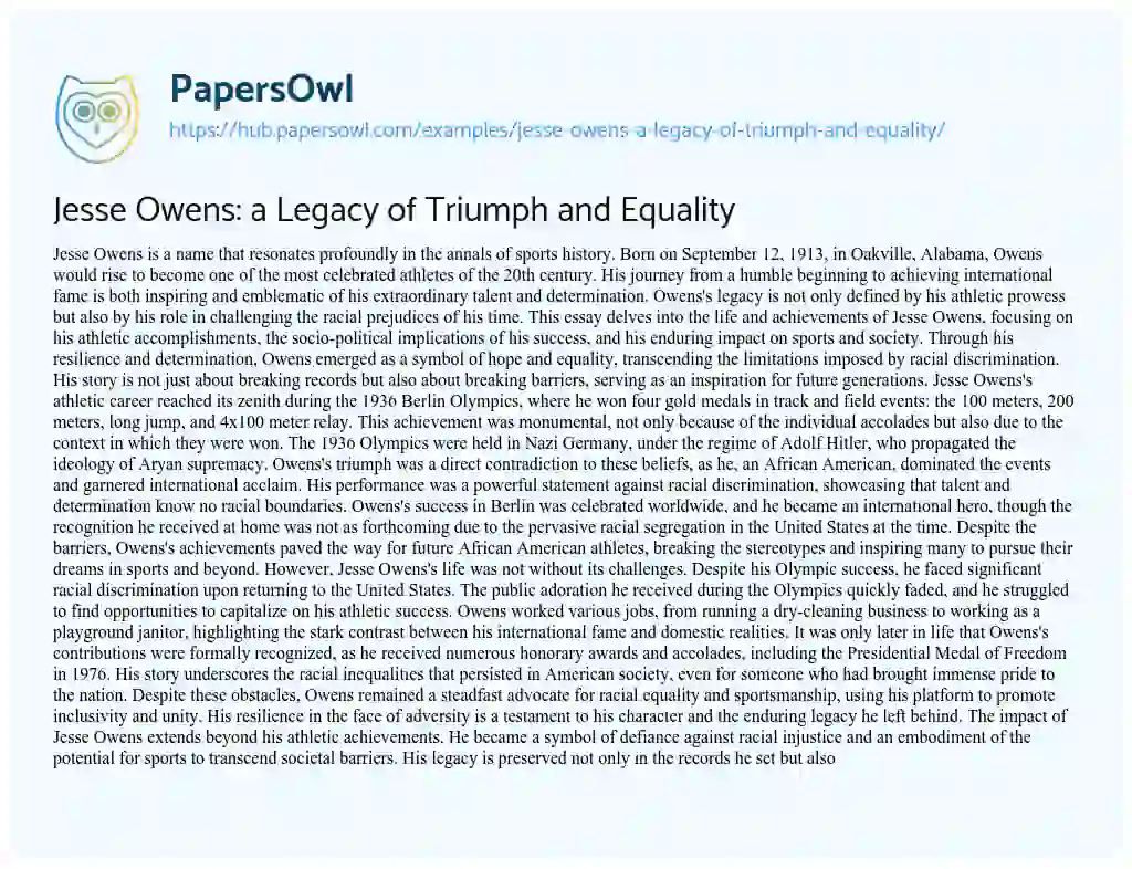 Essay on Jesse Owens: a Legacy of Triumph and Equality