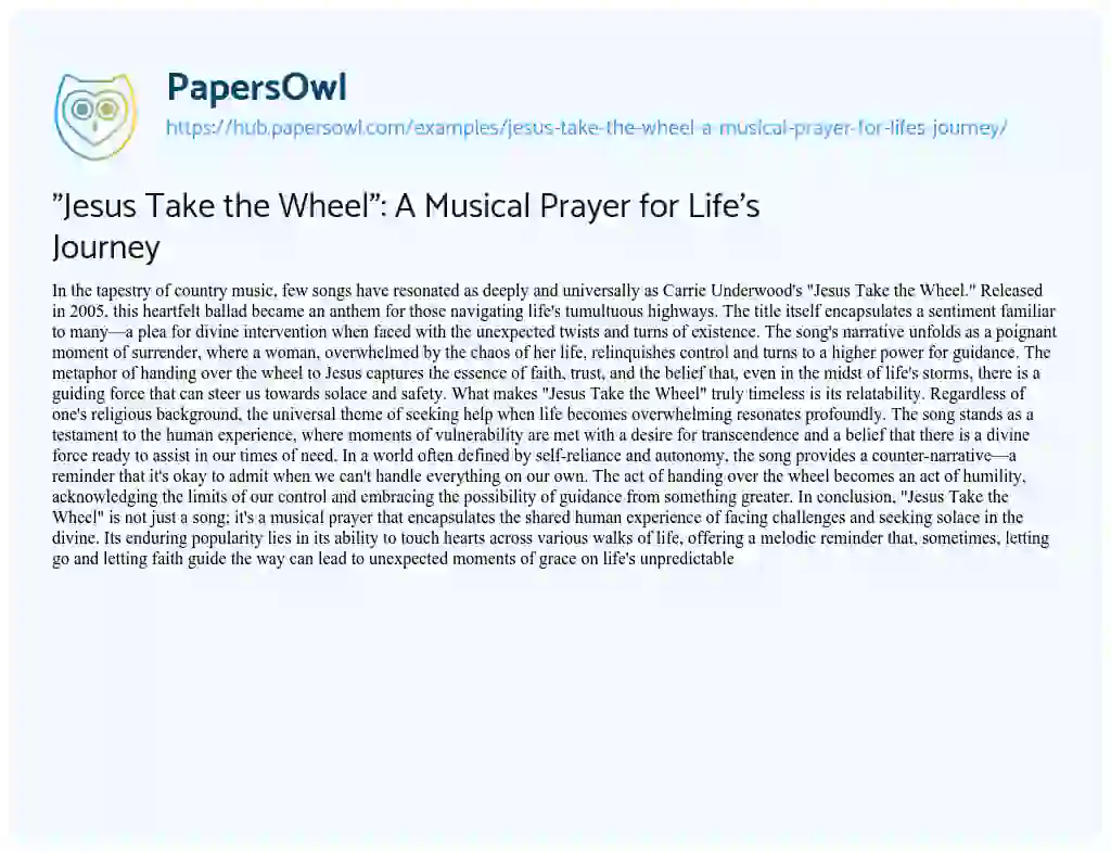 Essay on “Jesus Take the Wheel”: A Musical Prayer for Life’s Journey