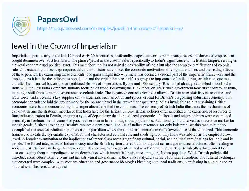 Essay on Jewel in the Crown of Imperialism