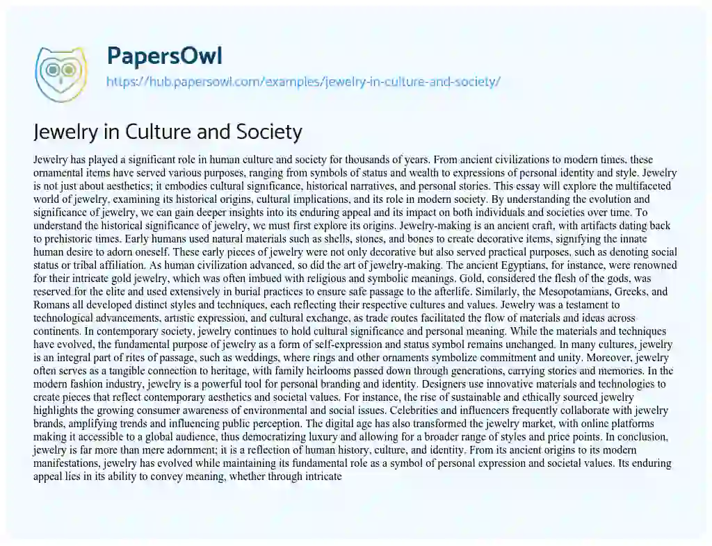 Essay on Jewelry in Culture and Society