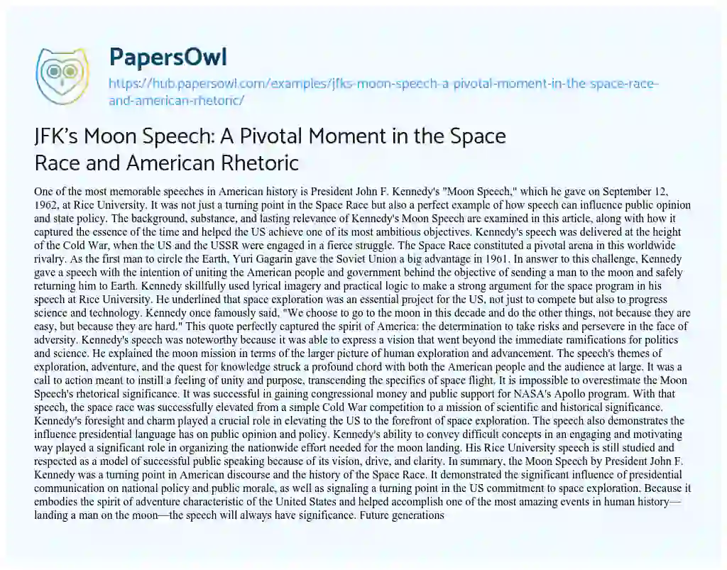 Essay on JFK’s Moon Speech: A Pivotal Moment in the Space Race and American Rhetoric